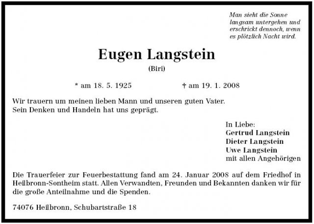 Langstein Eugen 1925-2008 Todesanzeige